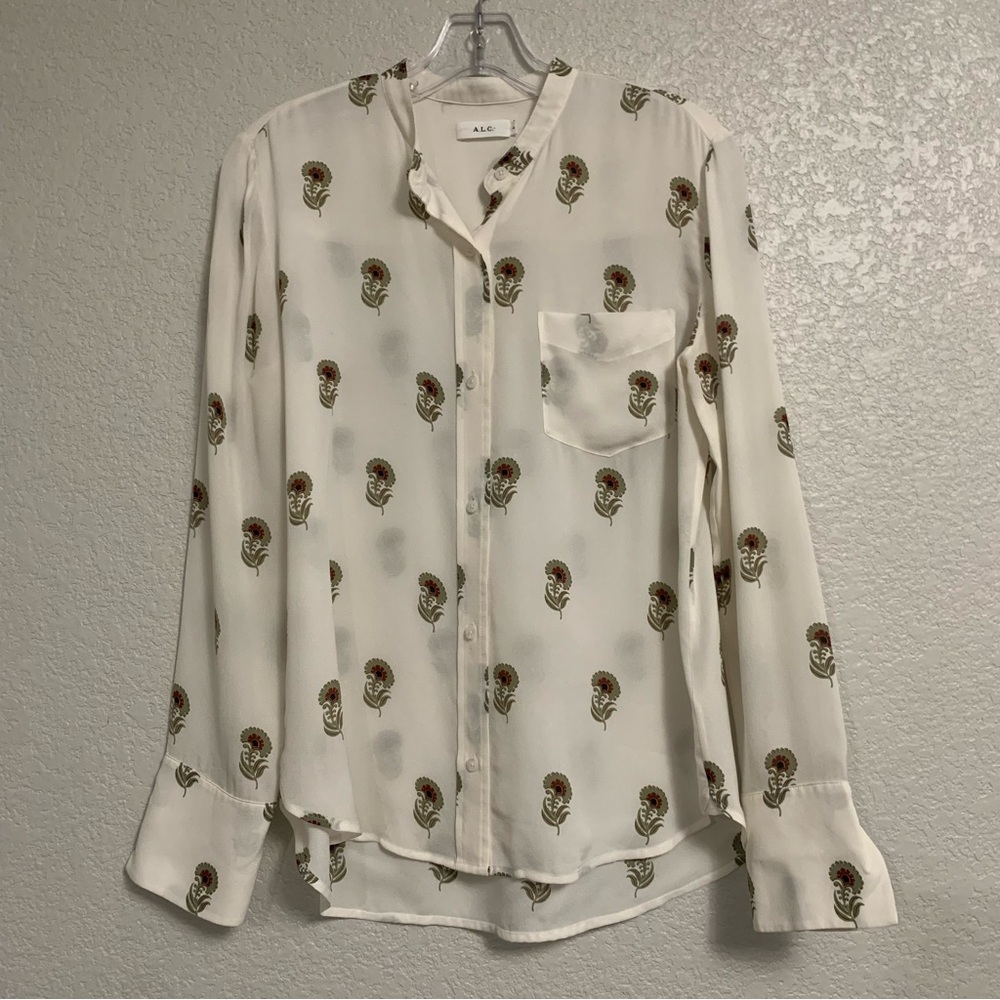 ALC Blouse Top Womens 4 Silk Flower Print Semi Sheer Button Up Preppy Office